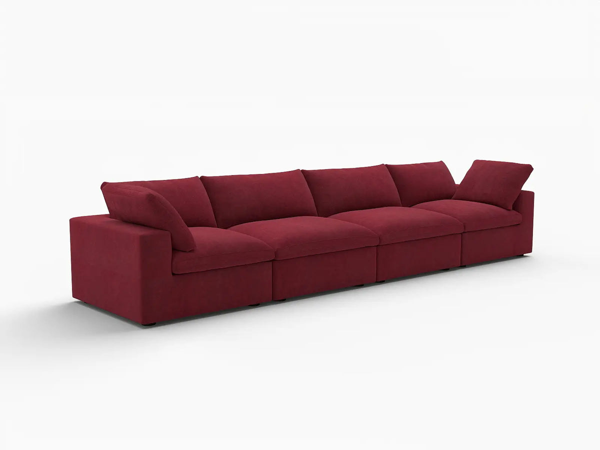 Deluxe Cloud 4-Seater Claret Couch Sectional | 4-Piece, Velvet Fabric, Living Room Seating, Washable Cushion Covers