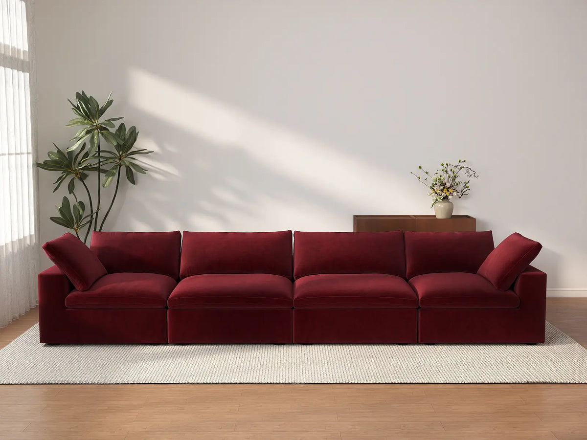 Deluxe Cloud 4-Seater Claret Couch Sectional | 4-Piece, Velvet Fabric, Living Room Seating, Washable Cushion Covers