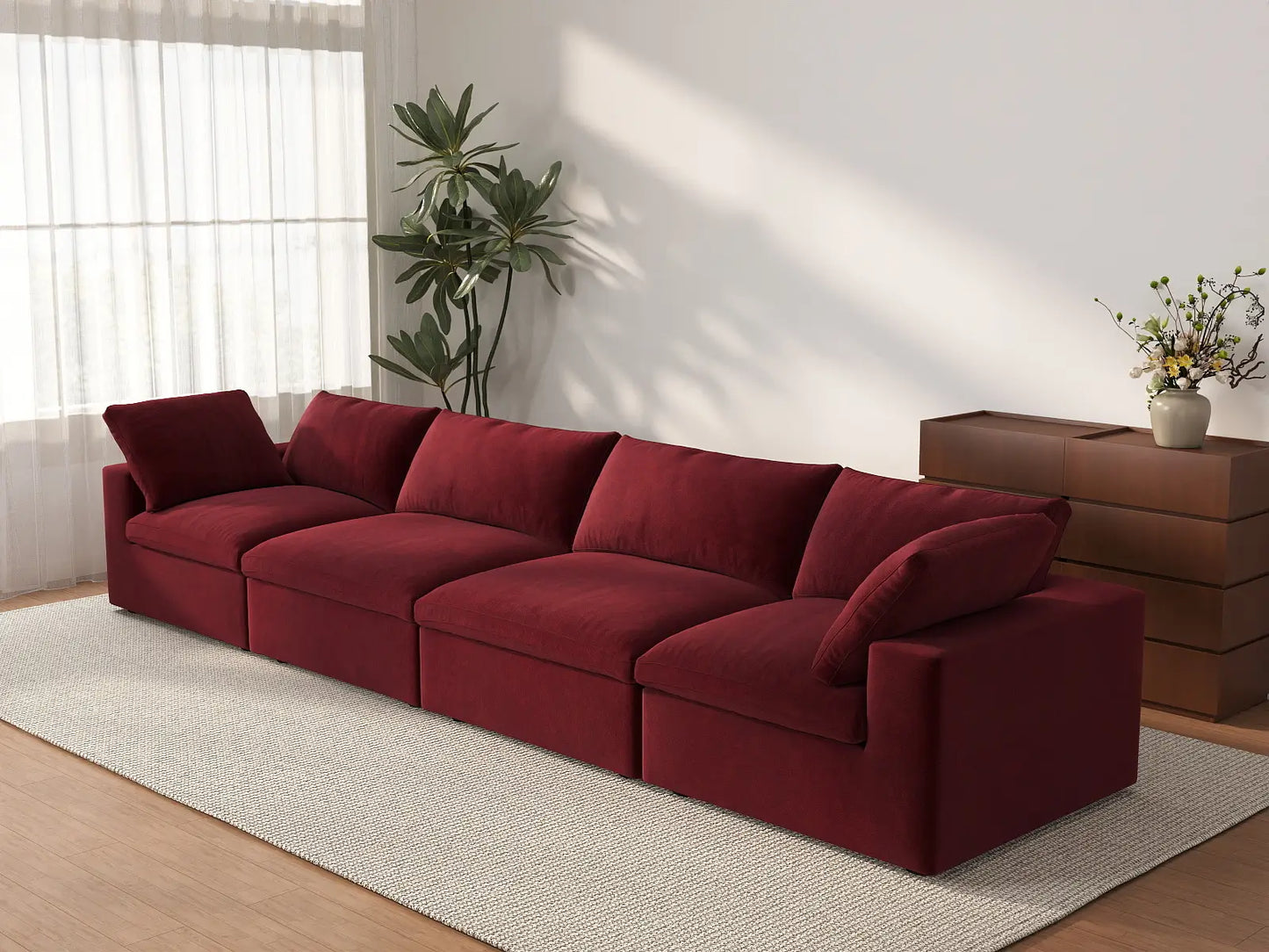 Deluxe Cloud 4-Seater Claret Couch Sectional | 4-Piece, Velvet Fabric, Living Room Seating, Washable Cushion Covers