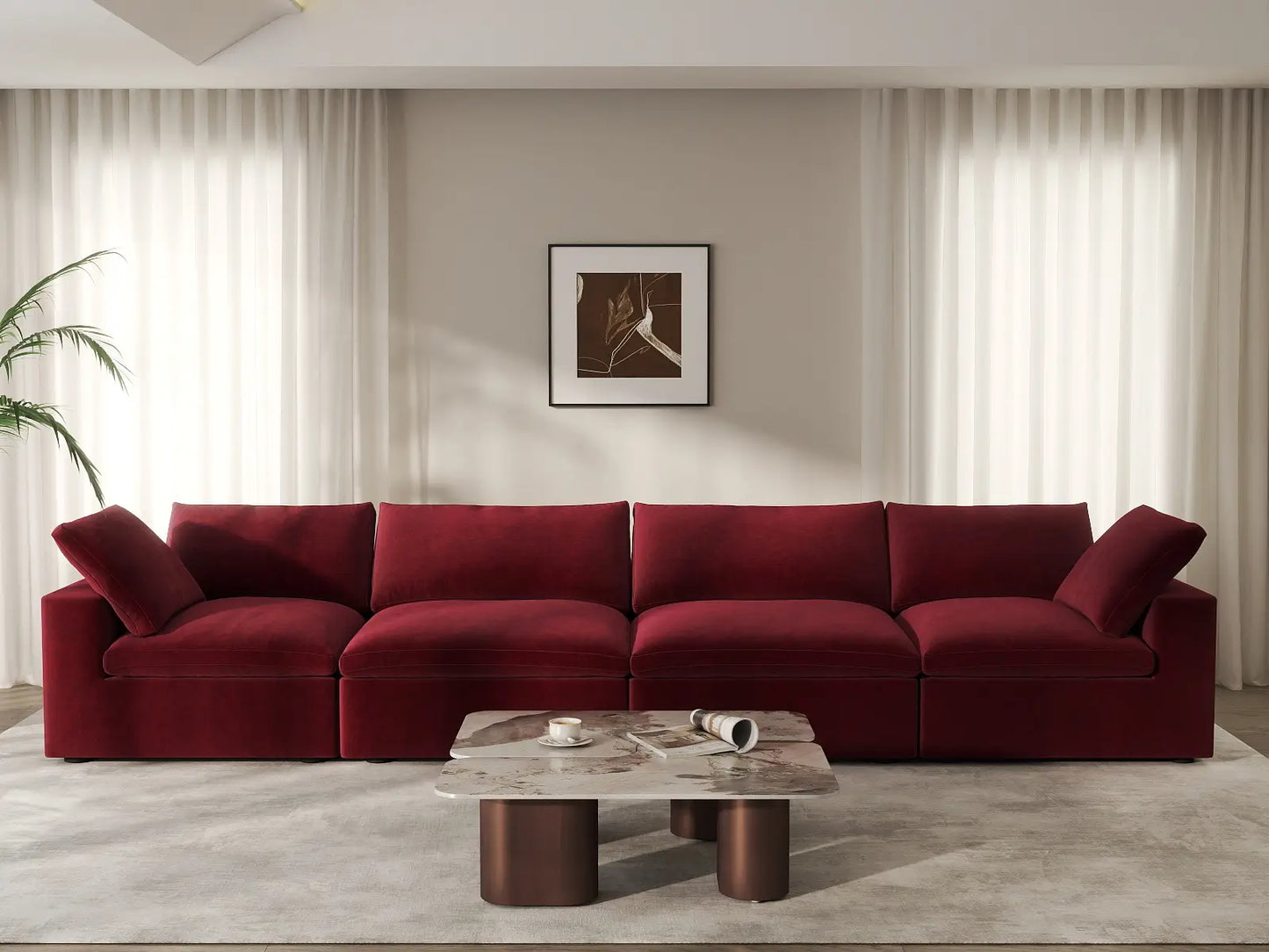 Deluxe Cloud 4-Seater Claret Couch Sectional | 4-Piece, Velvet Fabric, Living Room Seating, Washable Cushion Covers