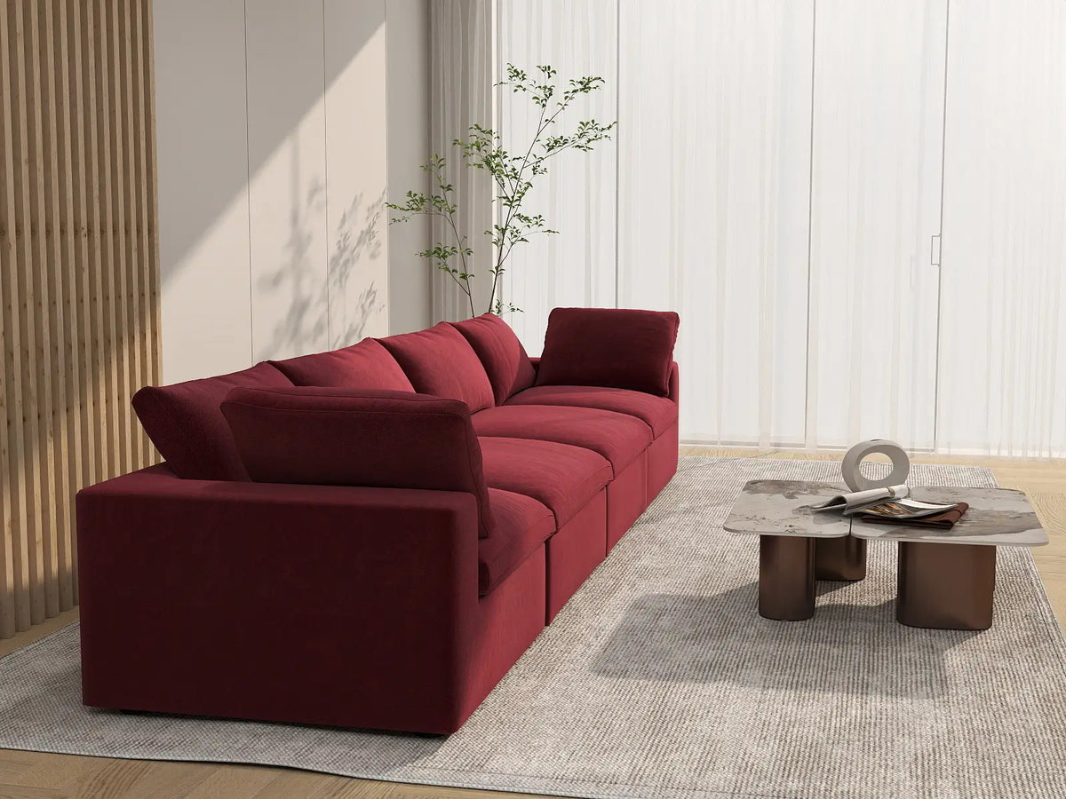 Deluxe Cloud 4-Seater Claret Couch Sectional | 4-Piece, Velvet Fabric, Living Room Seating, Washable Cushion Covers