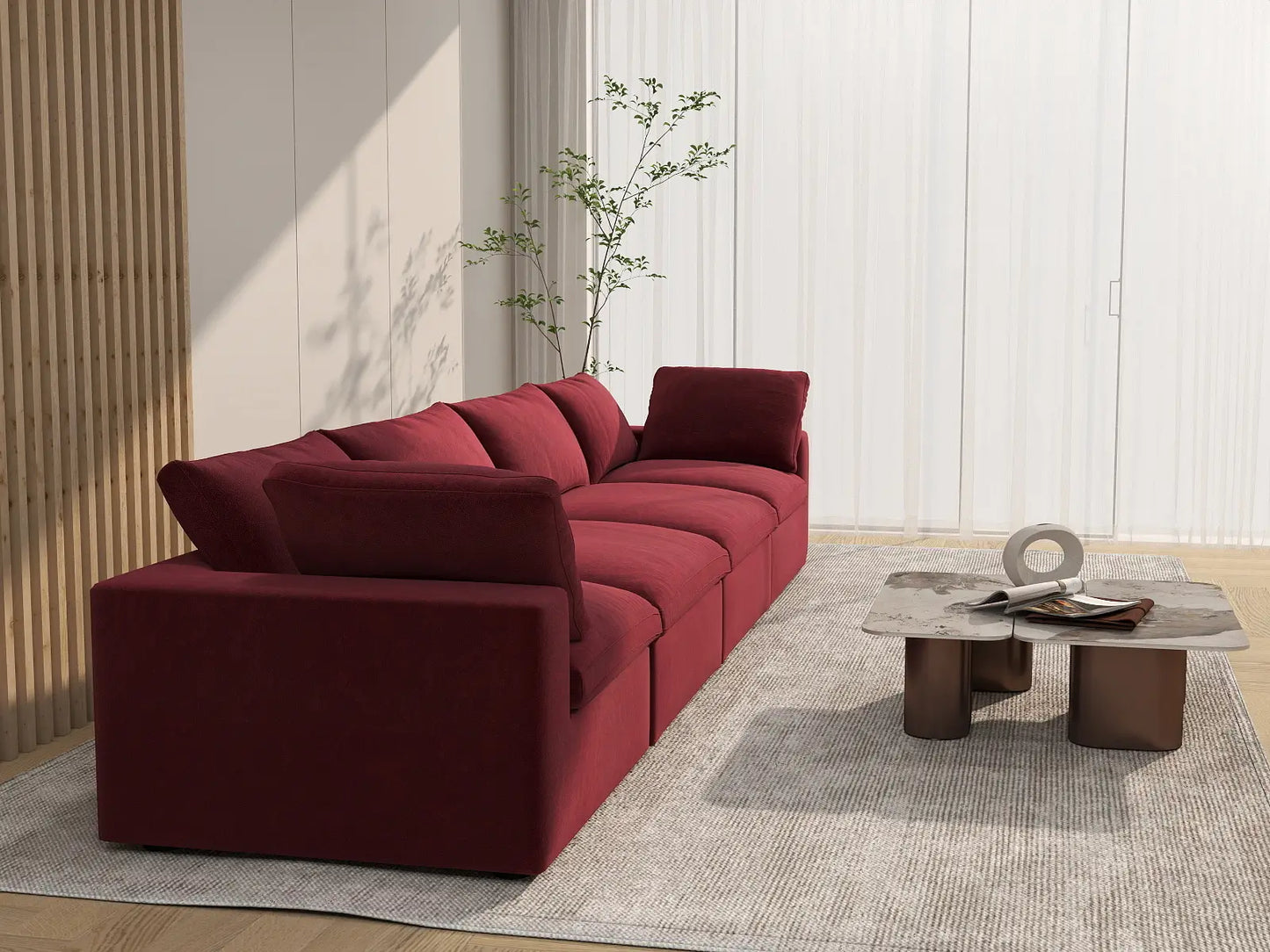 Deluxe Cloud 4-Seater Claret Couch Sectional | 4-Piece, Velvet Fabric, Living Room Seating, Washable Cushion Covers