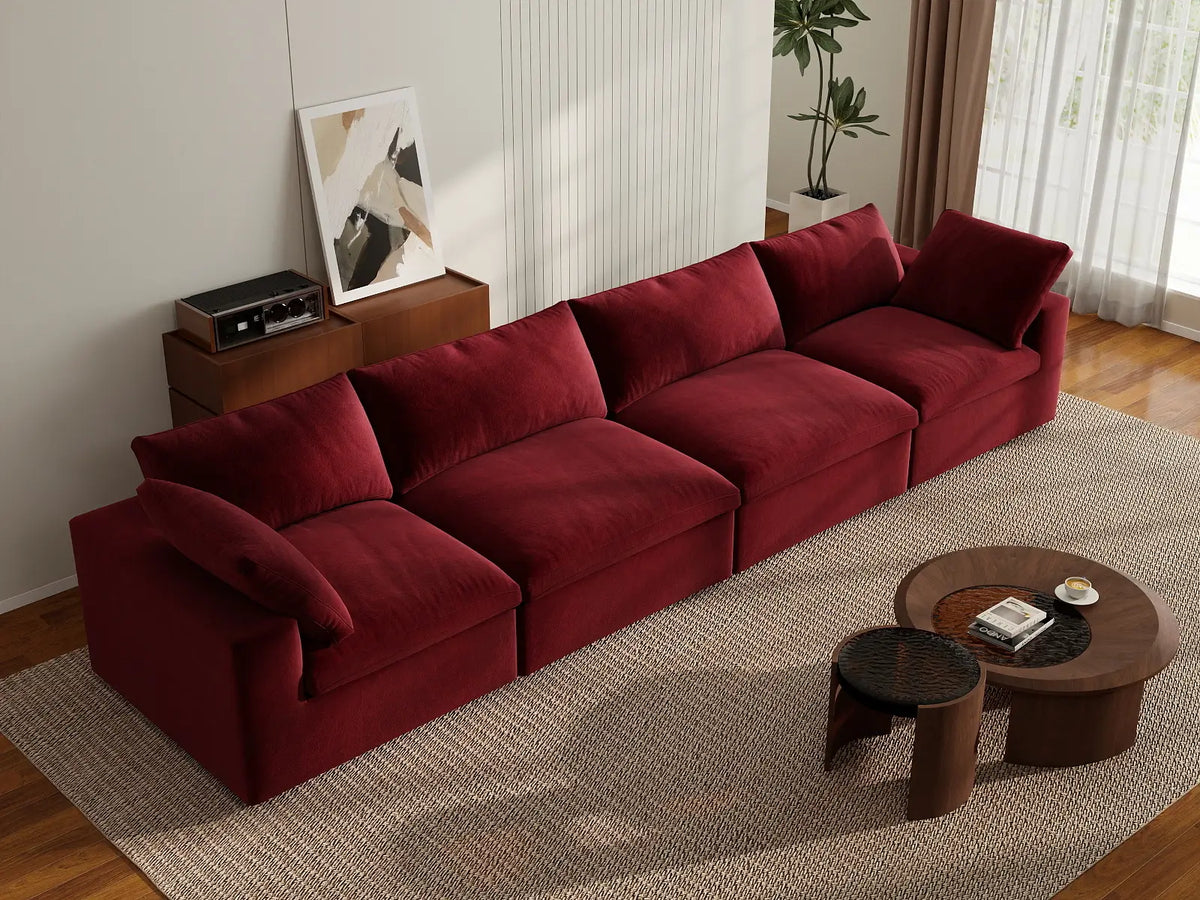 Deluxe Cloud 4-Seater Claret Couch Sectional | 4-Piece, Velvet Fabric, Living Room Seating, Washable Cushion Covers