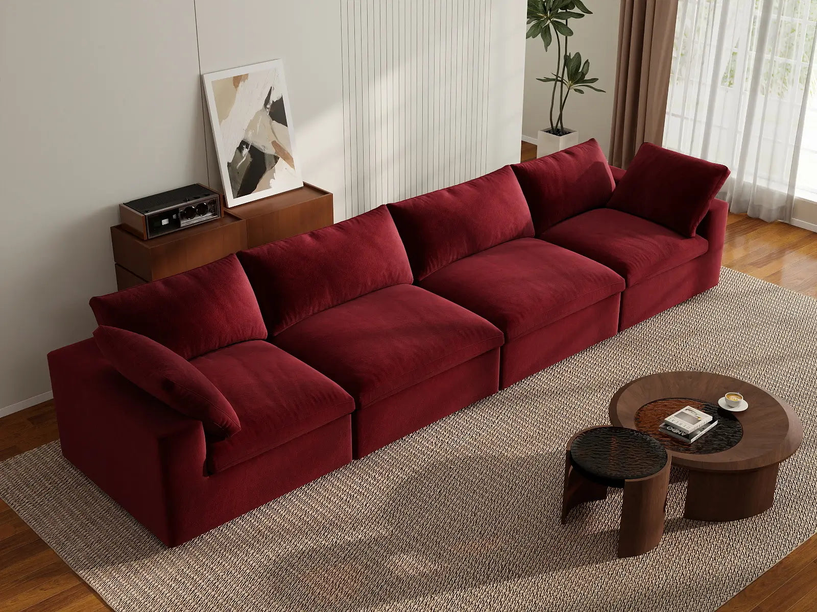 Deluxe Cloud 4-Seater Claret Couch Sectional | 4-Piece, Velvet Fabric, Living Room Seating, Washable Cushion Covers