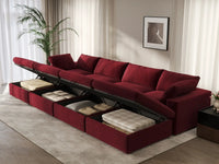 Deluxe Cloud 4-Seater Claret Pit Sectional | 8-Piece (Includes 4 Ottomans), Velvet Fabric, Family Room Seating, Washable Cushion Covers