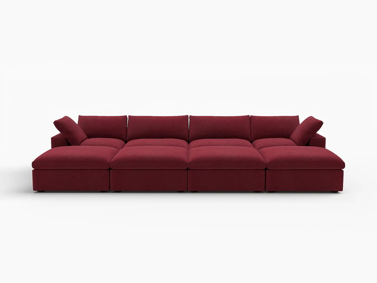 Deluxe Cloud 4-Seater Claret Pit Sectional | 8-Piece (Includes 4 Ottomans), Velvet Fabric, Family Room Seating, Washable Cushion Covers