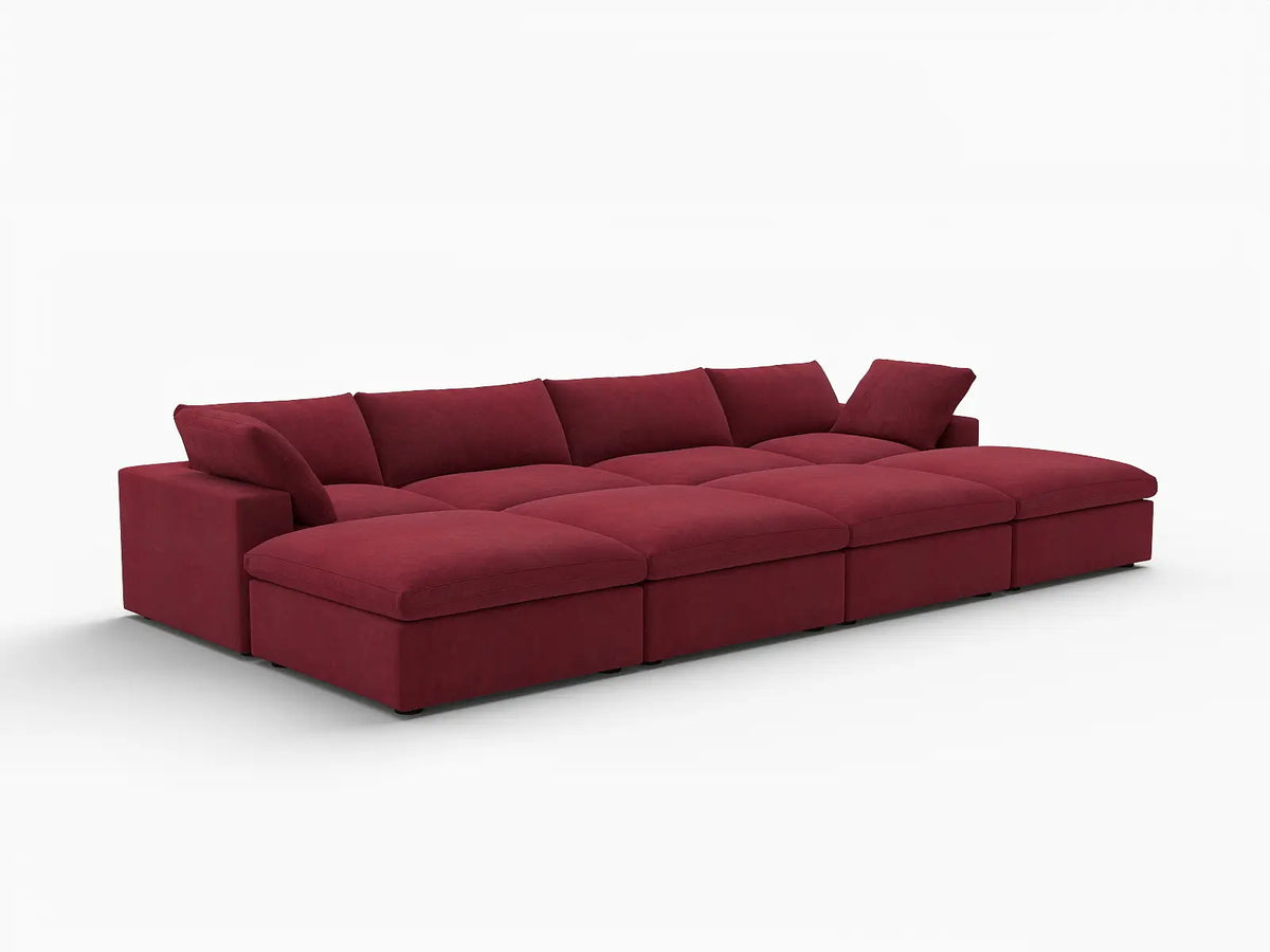 Deluxe Cloud 4-Seater Claret Pit Sectional | 8-Piece (Includes 4 Ottomans), Velvet Fabric, Family Room Seating, Washable Cushion Covers