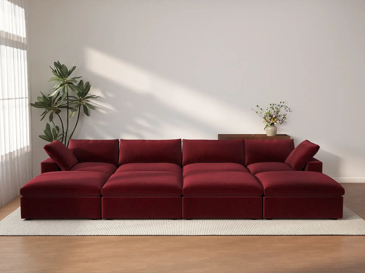 Deluxe Cloud 4-Seater Claret Pit Sectional | 8-Piece (Includes 4 Ottomans), Velvet Fabric, Family Room Seating, Washable Cushion Covers