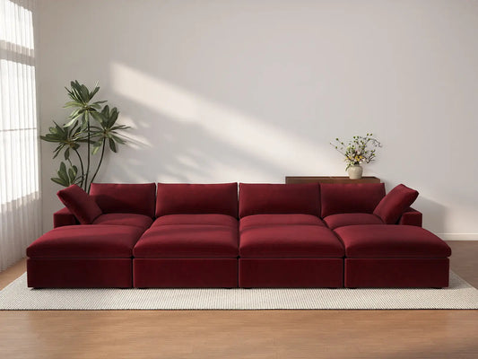 Deluxe Cloud 4-Seater Claret Pit Sectional | 8-Piece (Includes 4 Ottomans), Velvet Fabric, Family Room Seating, Washable Cushion Covers