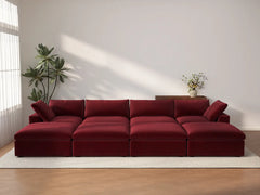 Deluxe Cloud 4-Seater Claret Pit Sectional | 8-Piece (Includes 4 Ottomans), Velvet Fabric, Family Room Seating, Washable Cushion Covers