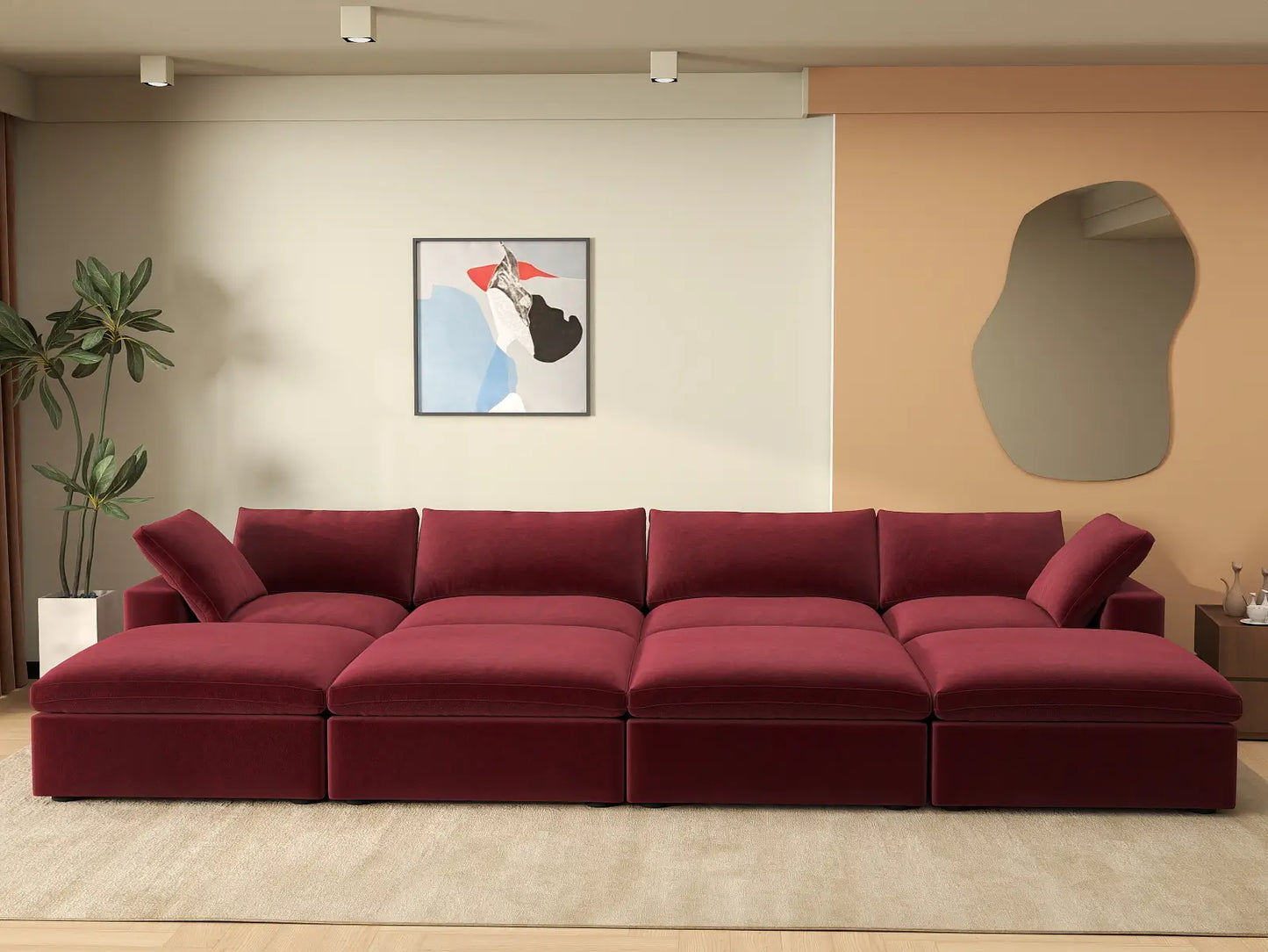 Deluxe Cloud 4-Seater Claret Pit Sectional | 8-Piece (Includes 4 Ottomans), Velvet Fabric, Family Room Seating, Washable Cushion Covers