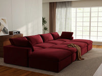 Deluxe Cloud 4-Seater Claret Pit Sectional | 8-Piece (Includes 4 Ottomans), Velvet Fabric, Family Room Seating, Washable Cushion Covers