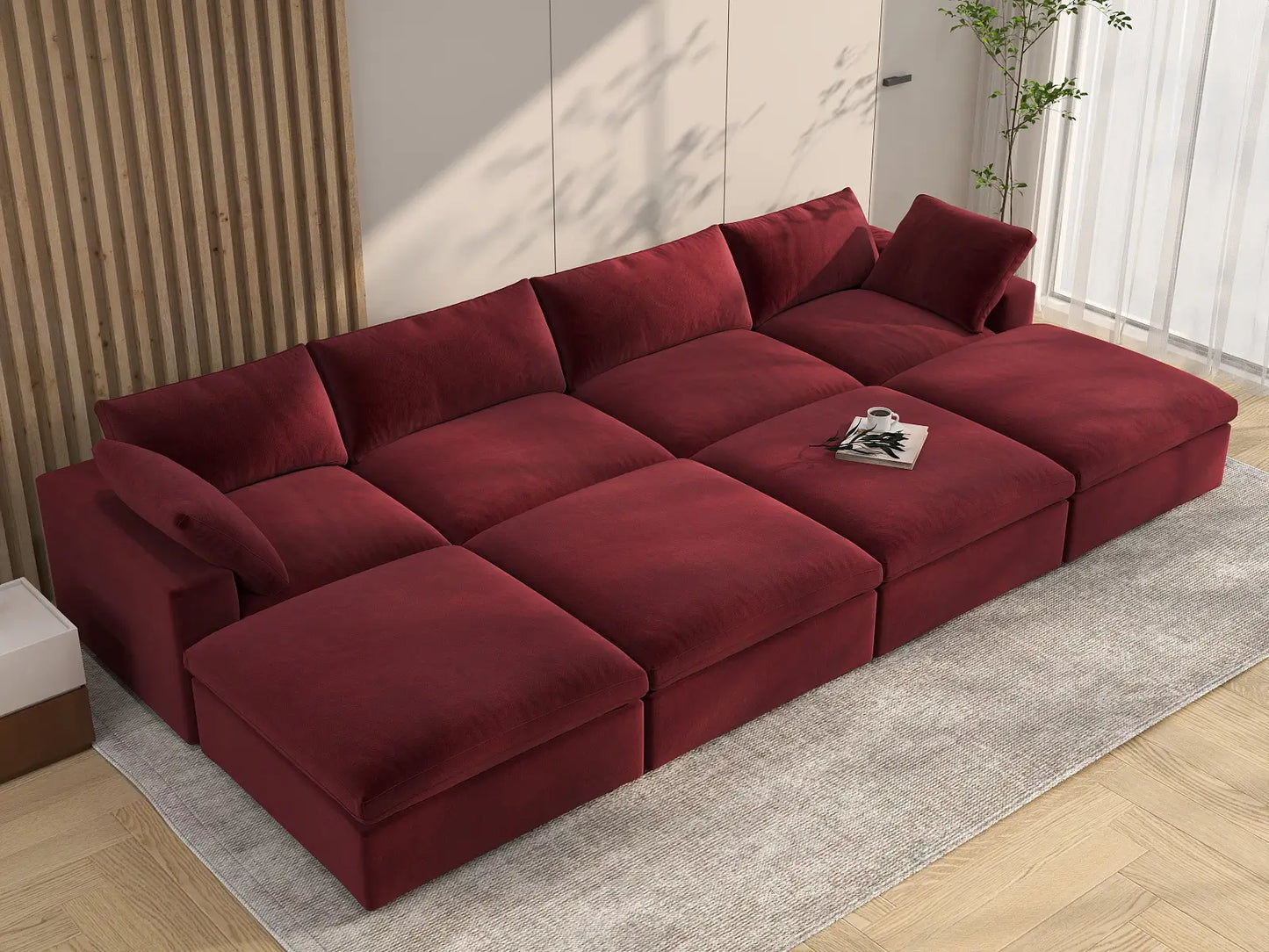 Deluxe Cloud 4-Seater Claret Pit Sectional | 8-Piece (Includes 4 Ottomans), Velvet Fabric, Family Room Seating, Washable Cushion Covers