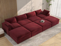Deluxe Cloud 4-Seater Claret Pit Sectional | 8-Piece (Includes 4 Ottomans), Velvet Fabric, Family Room Seating, Washable Cushion Covers