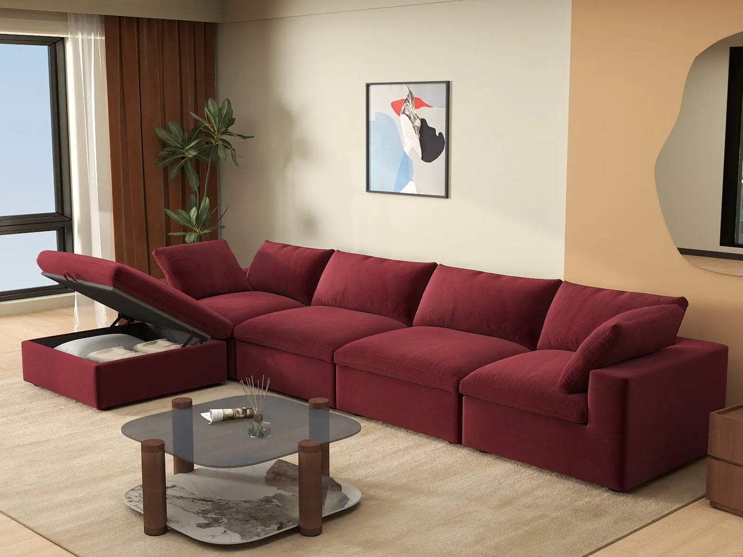 Deluxe Cloud 4-Seater Claret Sofa Set | 5-Piece (Includes 1 Ottoman), Velvet Fabric, Washable Cushion Covers