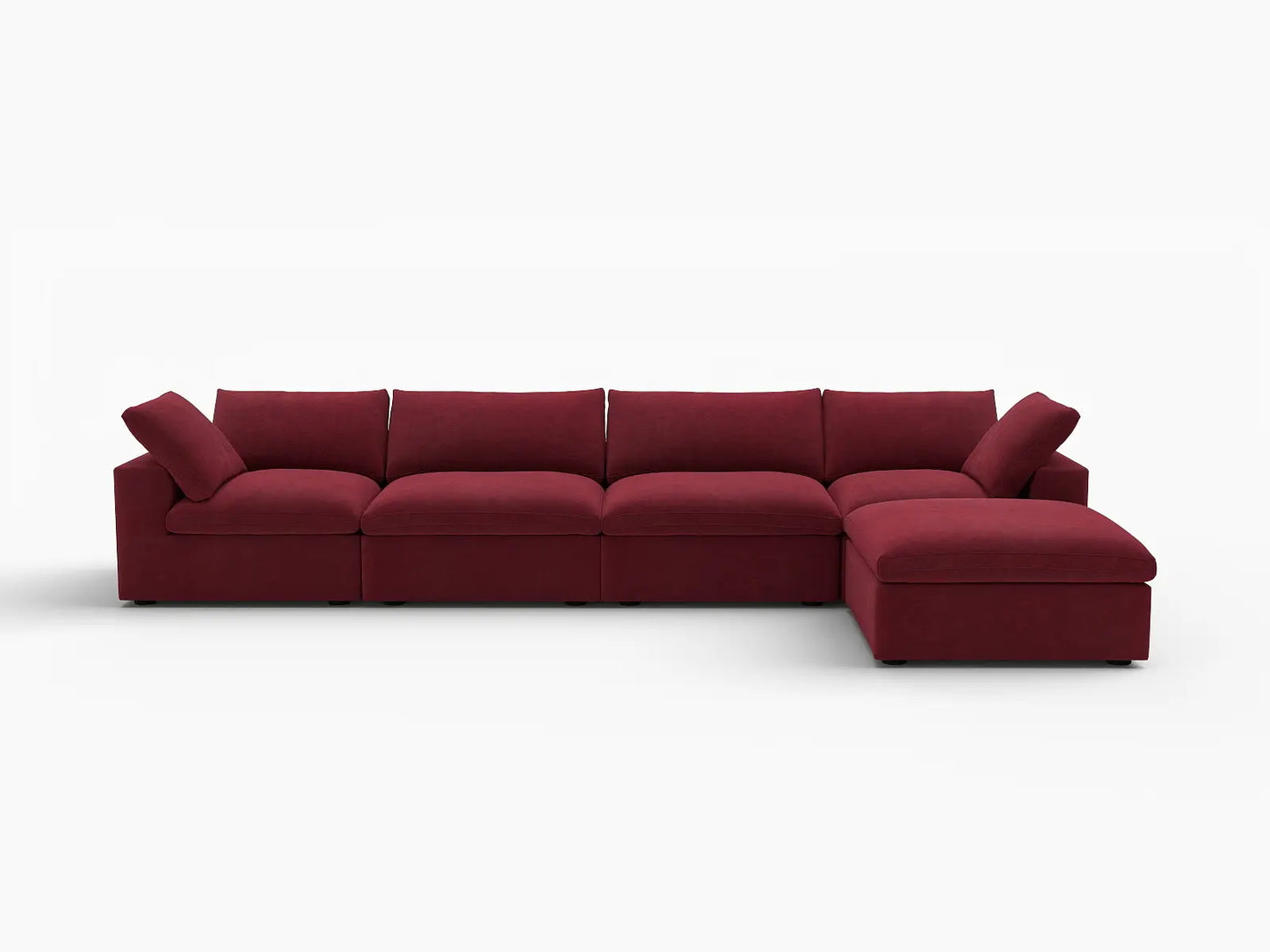 Deluxe Cloud 4-Seater Claret Sofa Set | 5-Piece (Includes 1 Ottoman), Velvet Fabric, Washable Cushion Covers