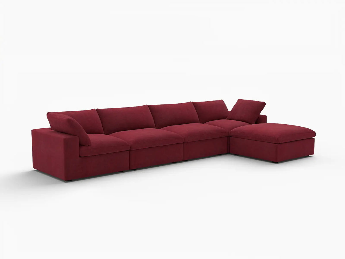 Deluxe Cloud 4-Seater Claret Sofa Set | 5-Piece (Includes 1 Ottoman), Velvet Fabric, Washable Cushion Covers