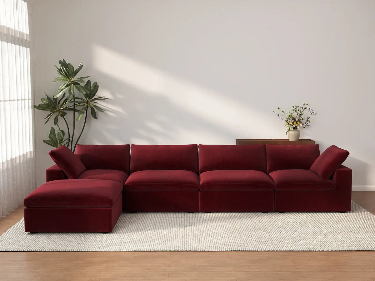 Deluxe Cloud 4-Seater Claret Sofa Set | 5-Piece (Includes 1 Ottoman), Velvet Fabric, Washable Cushion Covers