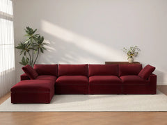 Deluxe Cloud 4-Seater Claret Sofa Set | 5-Piece (Includes 1 Ottoman), Velvet Fabric, Washable Cushion Covers
