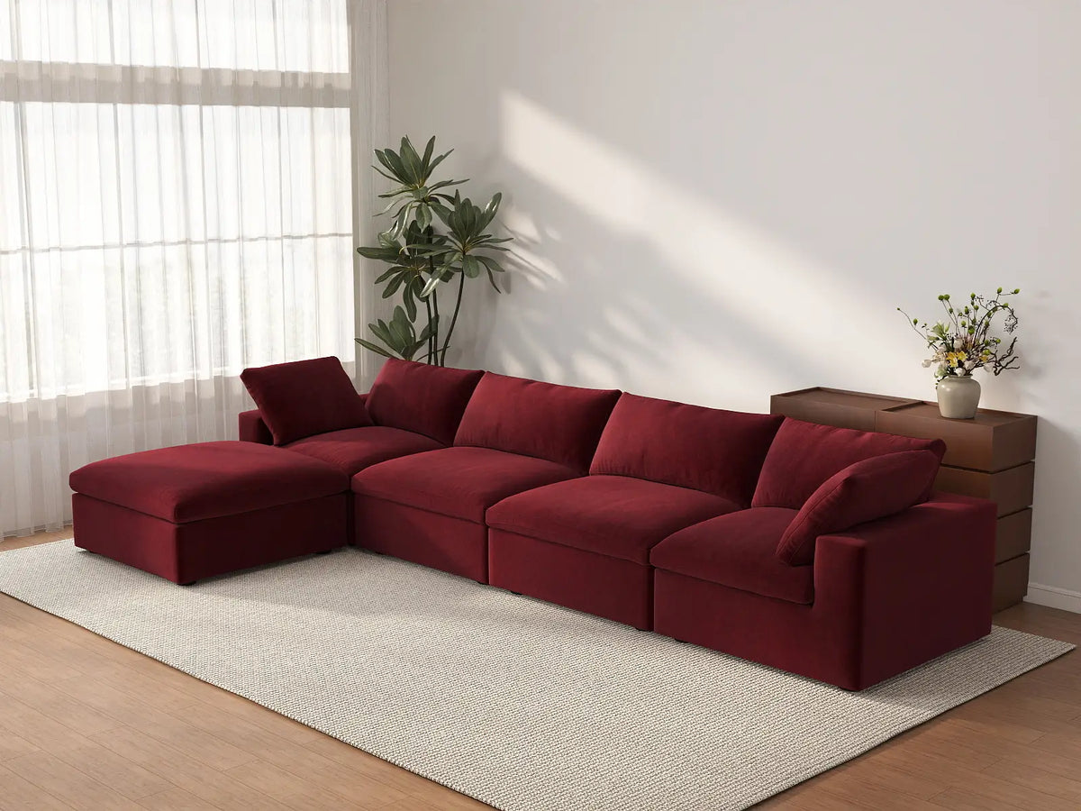 Deluxe Cloud 4-Seater Claret Sofa Set | 5-Piece (Includes 1 Ottoman), Velvet Fabric, Washable Cushion Covers