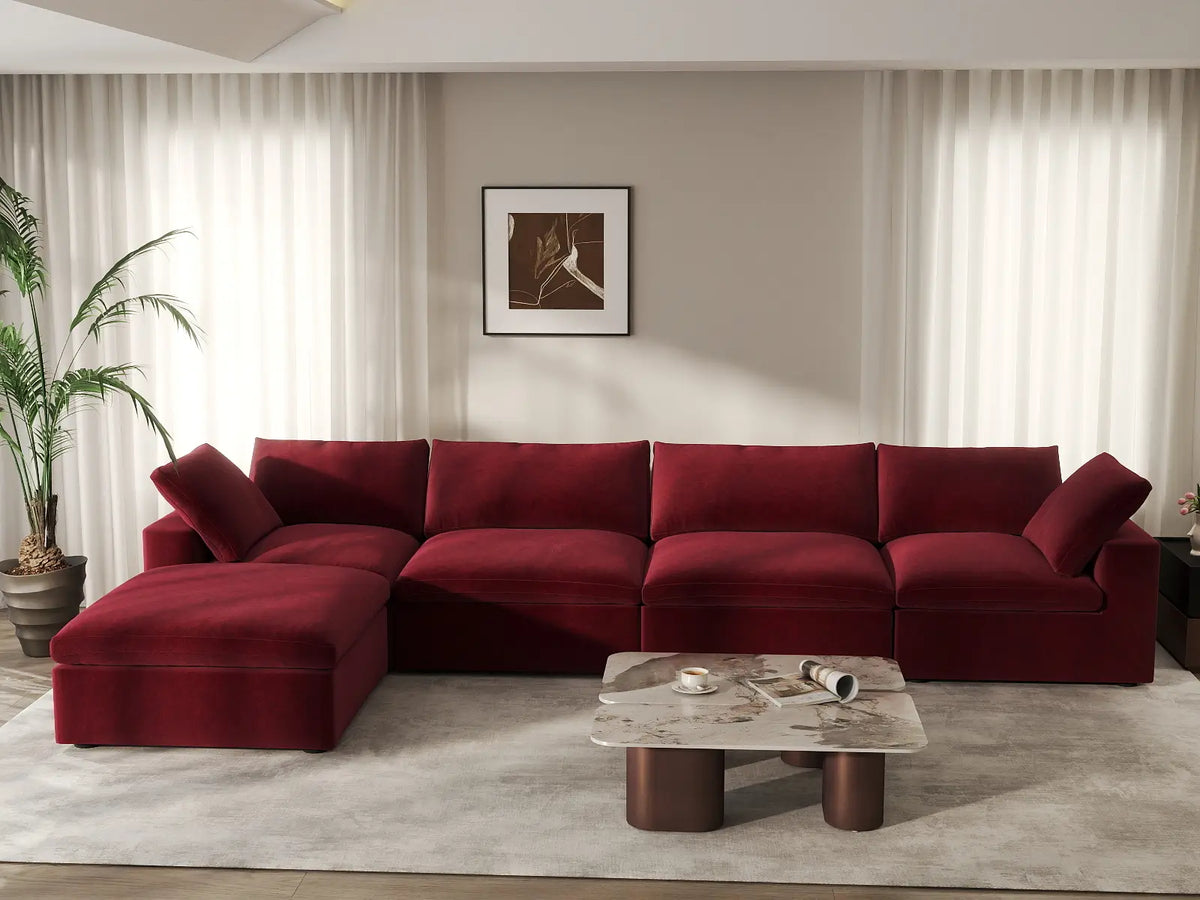 Deluxe Cloud 4-Seater Claret Sofa Set | 5-Piece (Includes 1 Ottoman), Velvet Fabric, Washable Cushion Covers