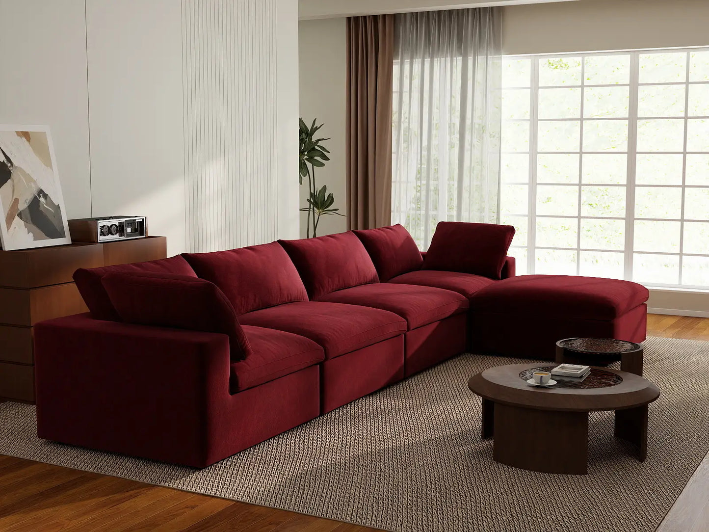 Deluxe Cloud 4-Seater Claret Sofa Set | 5-Piece (Includes 1 Ottoman), Velvet Fabric, Washable Cushion Covers