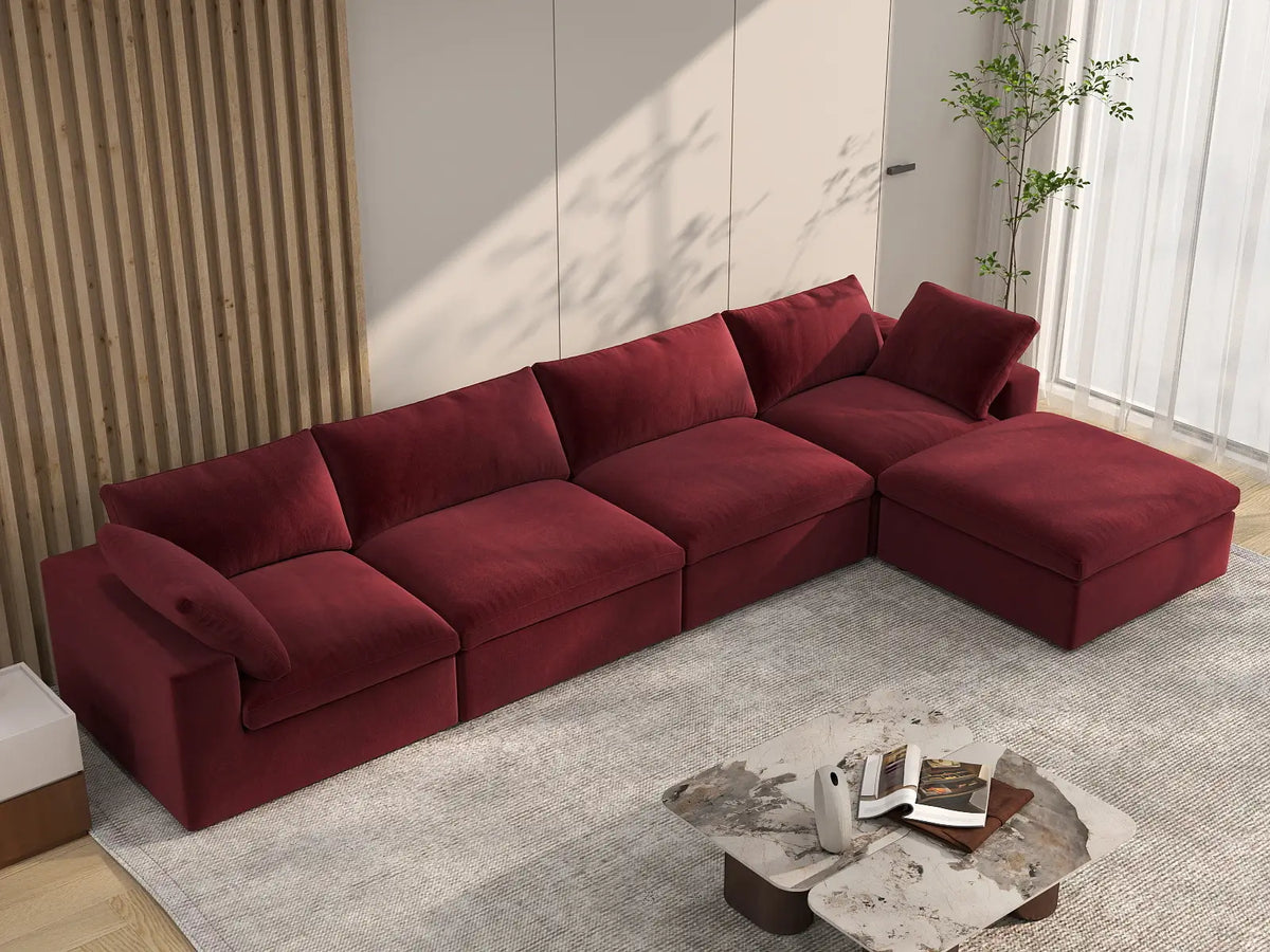 Deluxe Cloud 4-Seater Claret Sofa Set | 5-Piece (Includes 1 Ottoman), Velvet Fabric, Washable Cushion Covers