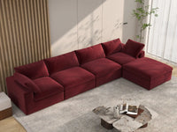 Deluxe Cloud 4-Seater Claret Sofa Set | 5-Piece (Includes 1 Ottoman), Velvet Fabric, Washable Cushion Covers