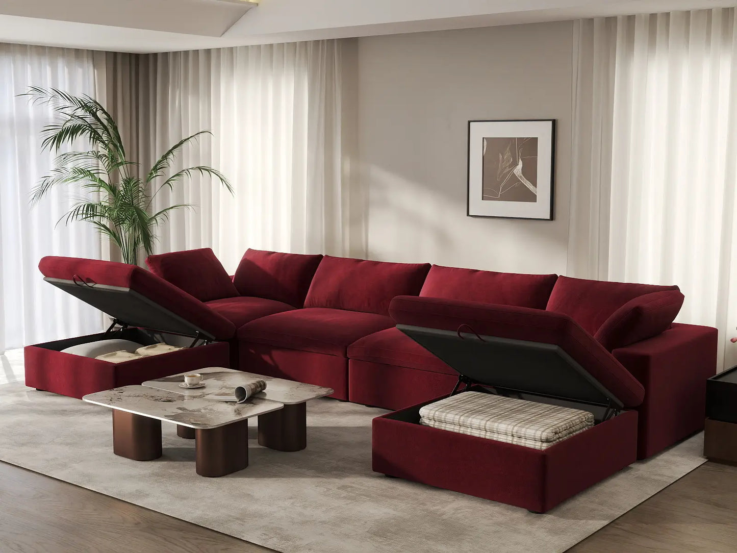 Deluxe Cloud 4-Seater Claret U-Shaped Sectional | 6-Piece (Includes 2 Ottomans), Velvet Fabric, Family Room Seating, Washable Cushion Covers