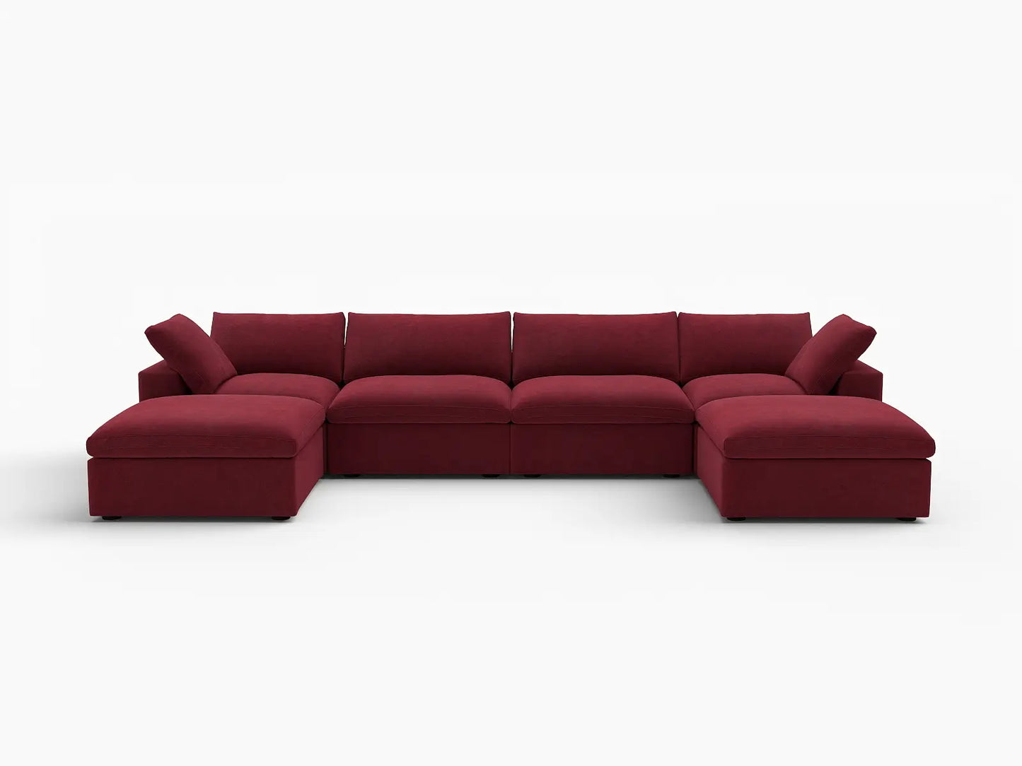 Deluxe Cloud 4-Seater Claret U-Shaped Sectional | 6-Piece (Includes 2 Ottomans), Velvet Fabric, Family Room Seating, Washable Cushion Covers