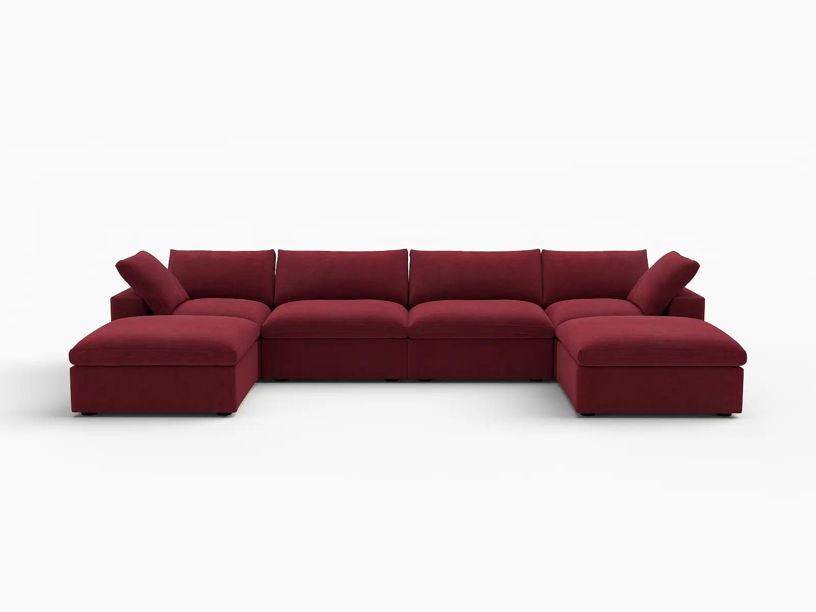 Deluxe Cloud 4-Seater Claret U-Shaped Sectional | 6-Piece (Includes 2 Ottomans), Velvet Fabric, Family Room Seating, Washable Cushion Covers
