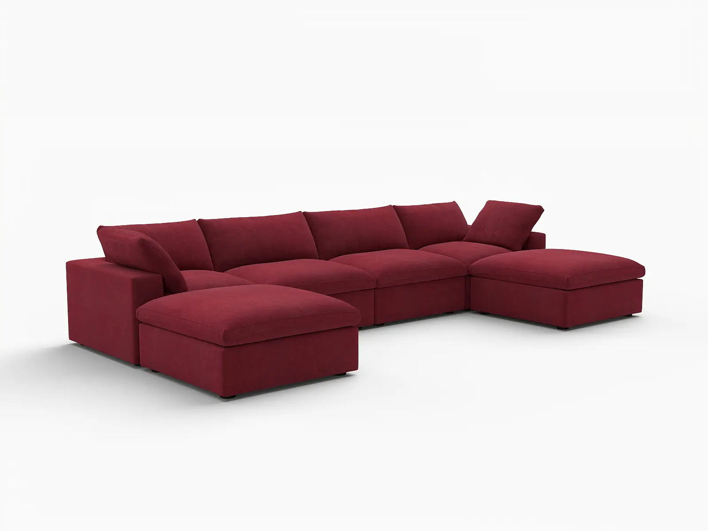 Deluxe Cloud 4-Seater Claret U-Shaped Sectional | 6-Piece (Includes 2 Ottomans), Velvet Fabric, Family Room Seating, Washable Cushion Covers