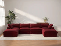 Deluxe Cloud 4-Seater Claret U-Shaped Sectional | 6-Piece (Includes 2 Ottomans), Velvet Fabric, Family Room Seating, Washable Cushion Covers