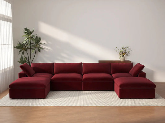 Deluxe Cloud 4-Seater Claret U-Shaped Sectional | 6-Piece (Includes 2 Ottomans), Velvet Fabric, Family Room Seating, Washable Cushion Covers