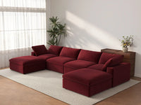 Deluxe Cloud 4-Seater Claret U-Shaped Sectional | 6-Piece (Includes 2 Ottomans), Velvet Fabric, Family Room Seating, Washable Cushion Covers