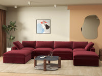 Deluxe Cloud 4-Seater Claret U-Shaped Sectional | 6-Piece (Includes 2 Ottomans), Velvet Fabric, Family Room Seating, Washable Cushion Covers