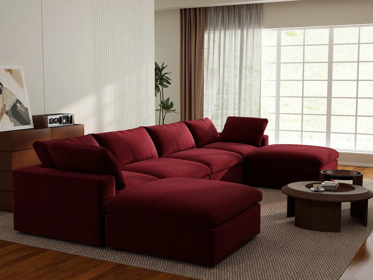 Deluxe Cloud 4-Seater Claret U-Shaped Sectional | 6-Piece (Includes 2 Ottomans), Velvet Fabric, Family Room Seating, Washable Cushion Covers