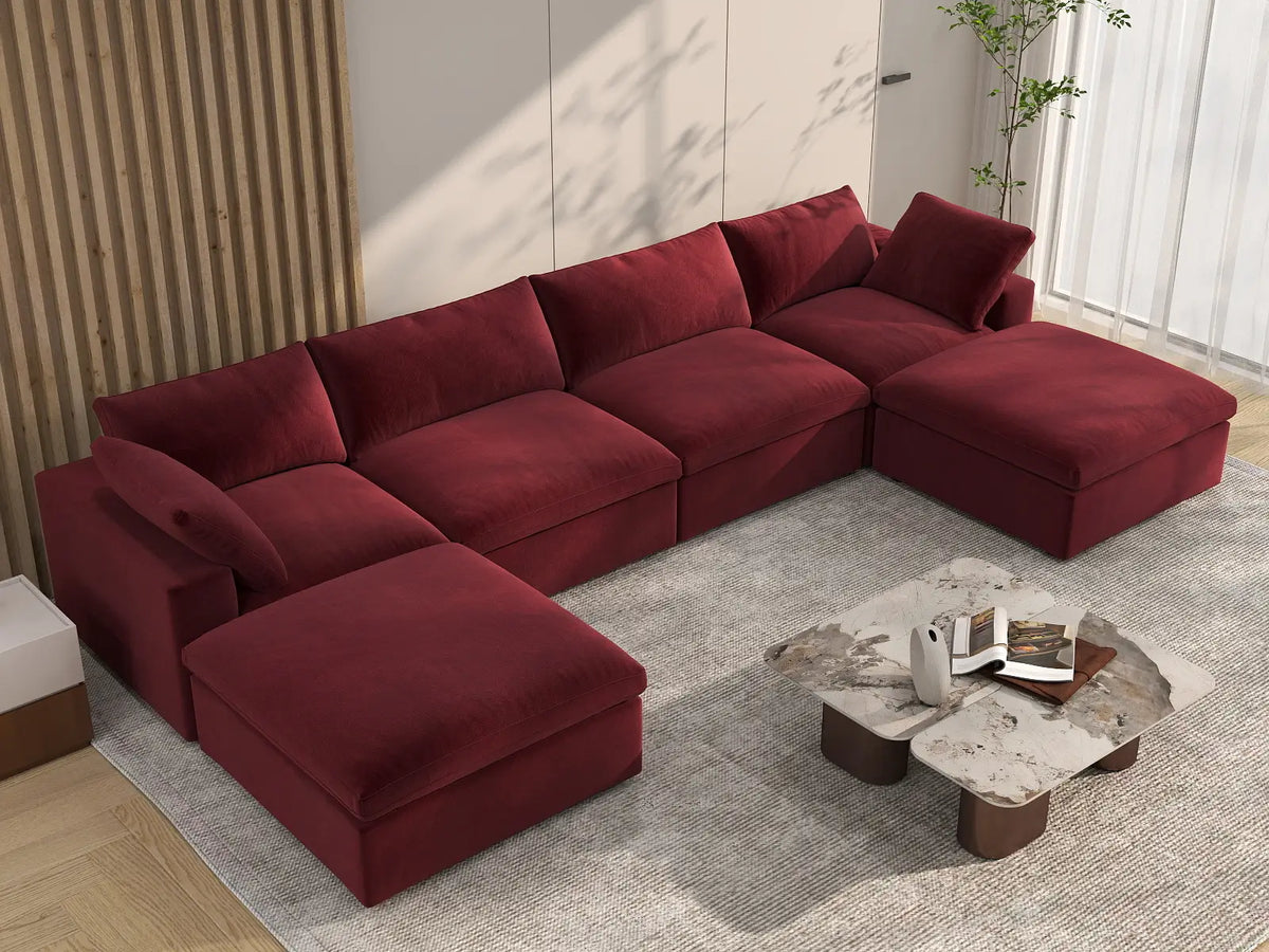 Deluxe Cloud 4-Seater Claret U-Shaped Sectional | 6-Piece (Includes 2 Ottomans), Velvet Fabric, Family Room Seating, Washable Cushion Covers