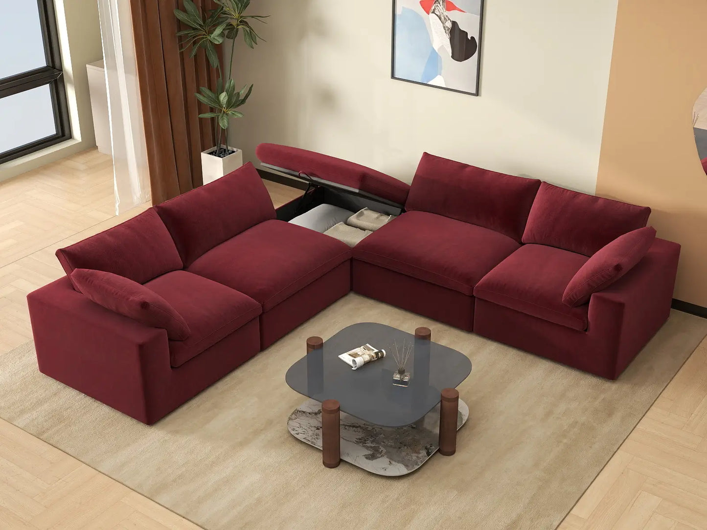 Deluxe Cloud 4-Seater Claret V-Shaped Sectional | 5-Piece (Includes 1 Ottoman), Velvet Fabric, Living Room Seating, Washable Cushion Covers