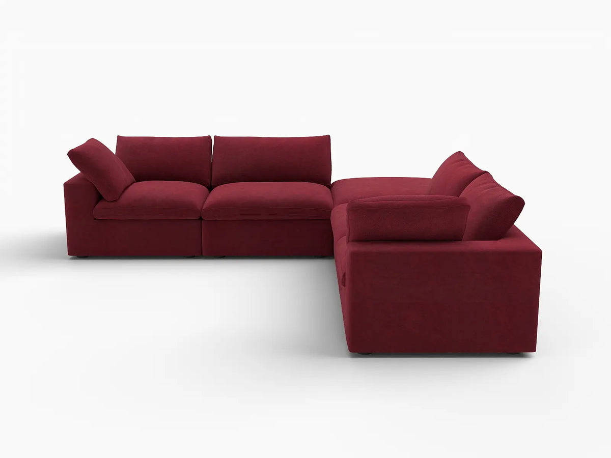 Deluxe Cloud 4-Seater Claret V-Shaped Sectional | 5-Piece (Includes 1 Ottoman), Velvet Fabric, Living Room Seating, Washable Cushion Covers