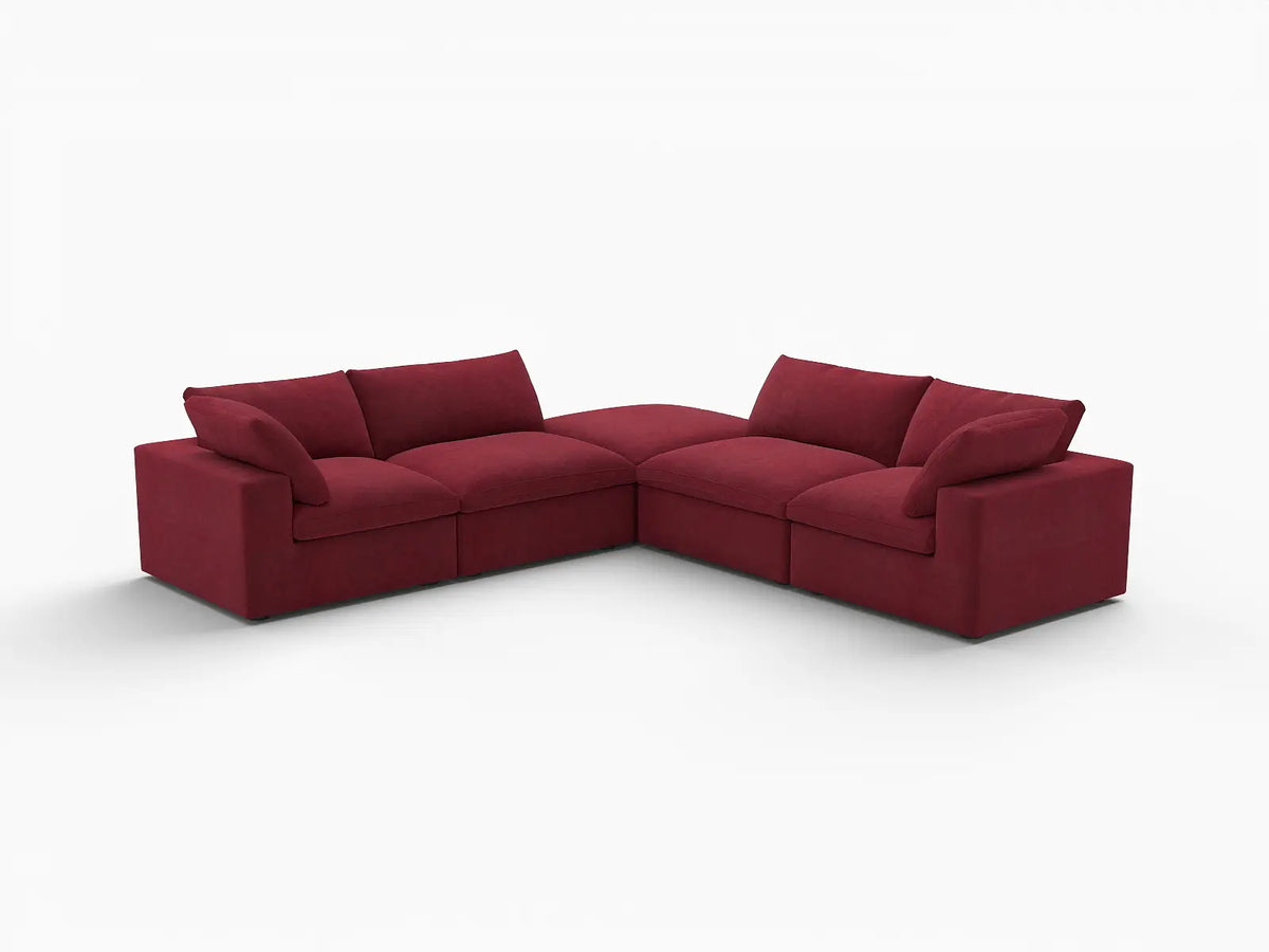 Deluxe Cloud 4-Seater Claret V-Shaped Sectional | 5-Piece (Includes 1 Ottoman), Velvet Fabric, Living Room Seating, Washable Cushion Covers