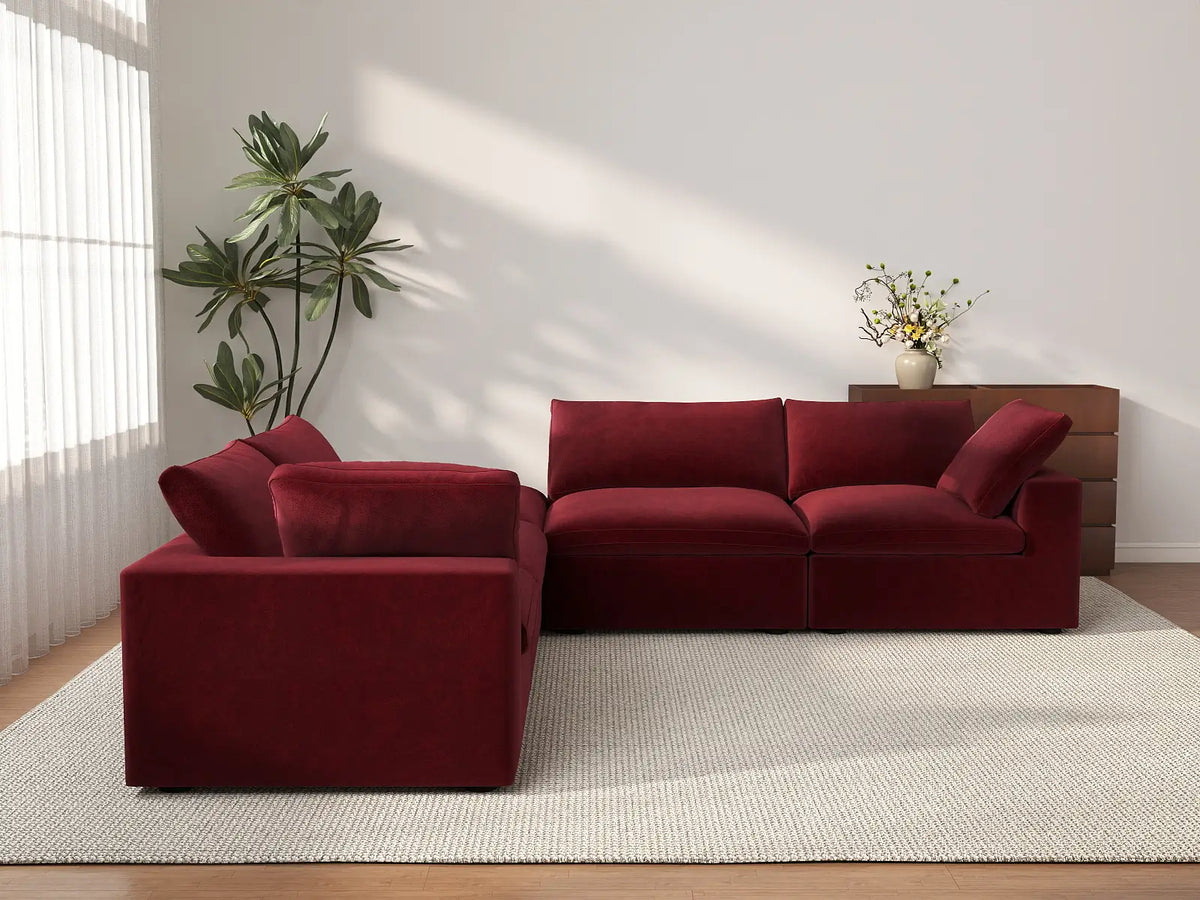 Deluxe Cloud 4-Seater Claret V-Shaped Sectional | 5-Piece (Includes 1 Ottoman), Velvet Fabric, Living Room Seating, Washable Cushion Covers