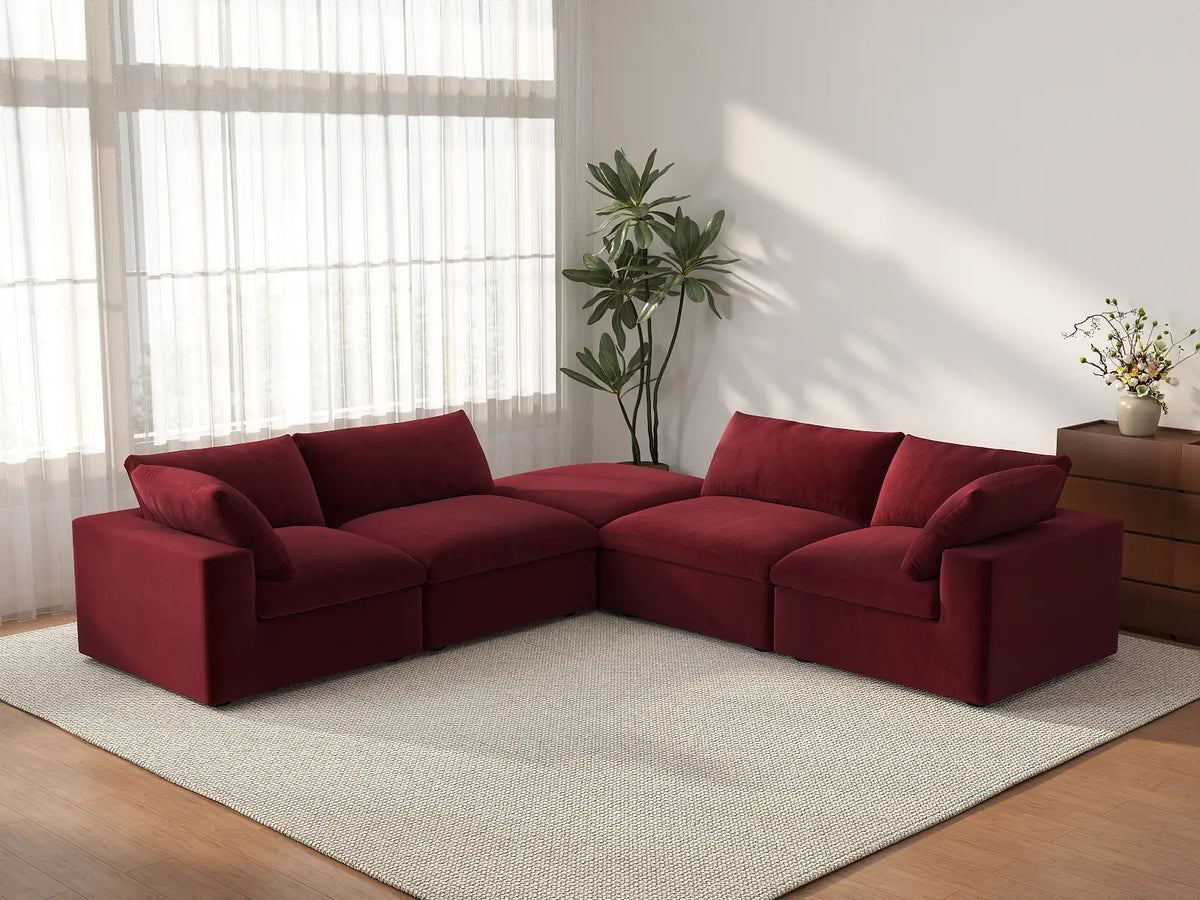 Deluxe Cloud 4-Seater Claret V-Shaped Sectional | 5-Piece (Includes 1 Ottoman), Velvet Fabric, Living Room Seating, Washable Cushion Covers