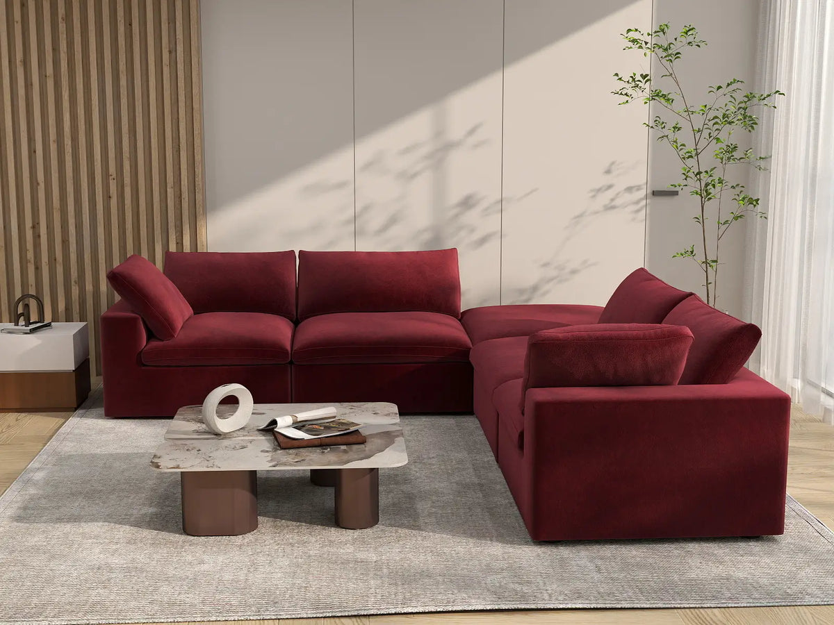 Deluxe Cloud 4-Seater Claret V-Shaped Sectional | 5-Piece (Includes 1 Ottoman), Velvet Fabric, Living Room Seating, Washable Cushion Covers