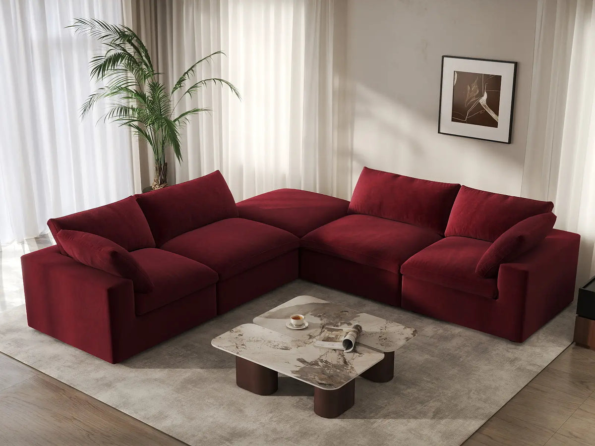 Deluxe Cloud 4-Seater Claret V-Shaped Sectional | 5-Piece (Includes 1 Ottoman), Velvet Fabric, Living Room Seating, Washable Cushion Covers
