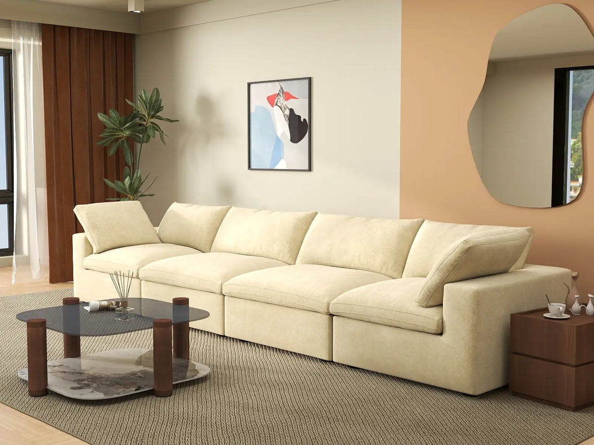 Deluxe Cloud 4-Seater Couch Sectional in Beige Velvet | 4-Piece, Living Room Seating, Easy To Clean, Contemporary Style