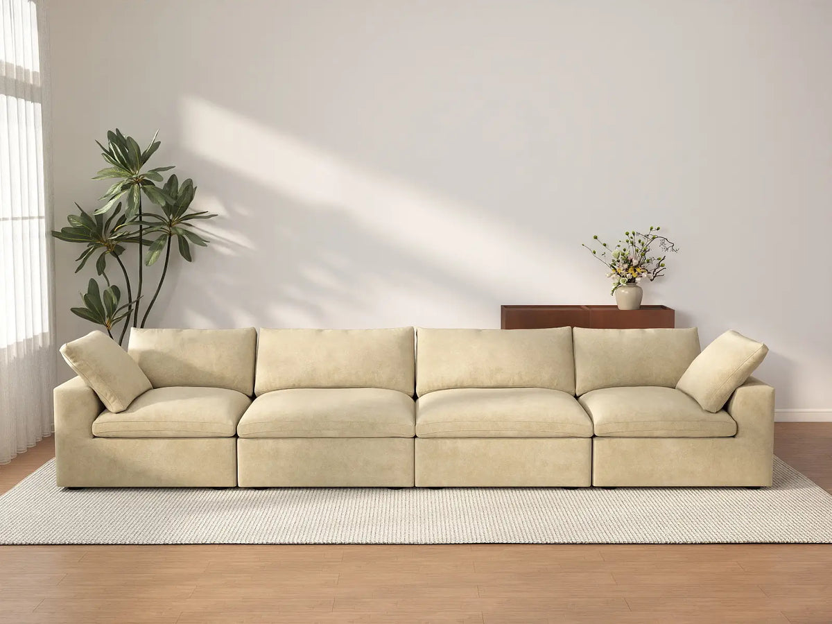 Deluxe Cloud 4-Seater Couch Sectional in Beige Velvet | 4-Piece, Living Room Seating, Easy To Clean, Contemporary Style