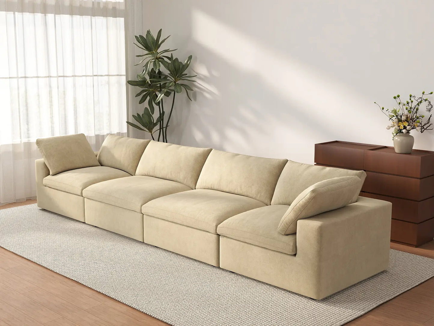 Deluxe Cloud 4-Seater Couch Sectional in Beige Velvet | 4-Piece, Living Room Seating, Easy To Clean, Contemporary Style