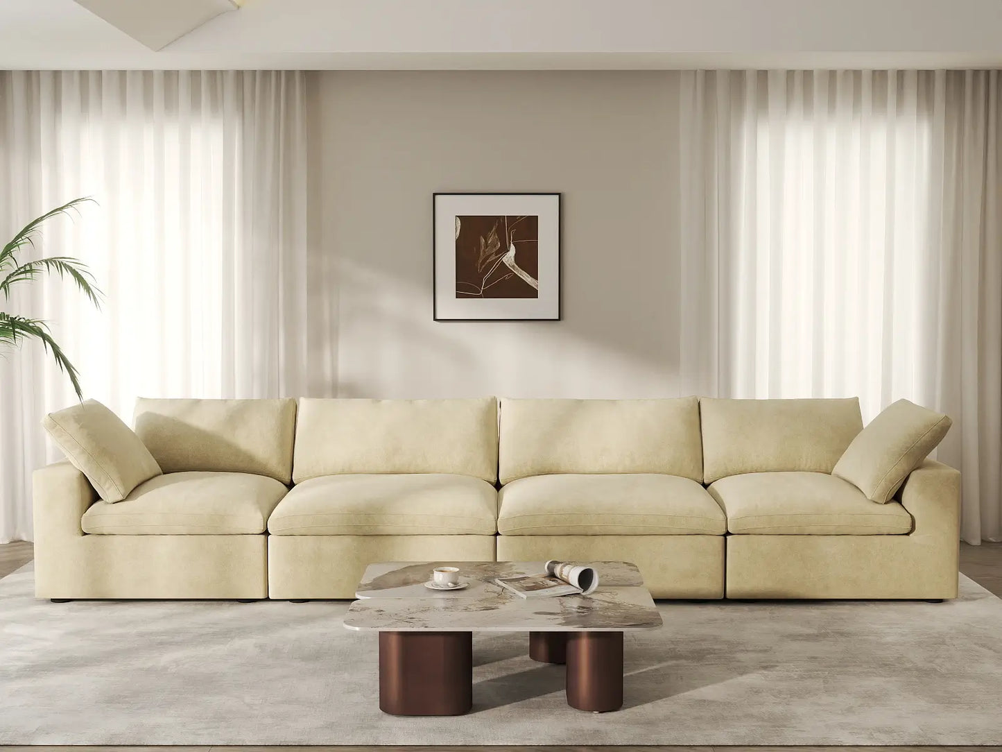 Deluxe Cloud 4-Seater Couch Sectional in Beige Velvet | 4-Piece, Living Room Seating, Easy To Clean, Contemporary Style