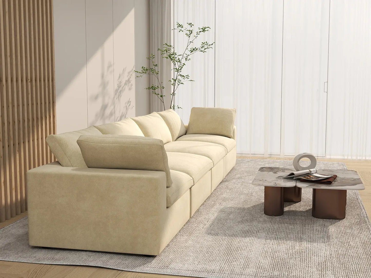 Deluxe Cloud 4-Seater Couch Sectional in Beige Velvet | 4-Piece, Living Room Seating, Easy To Clean, Contemporary Style